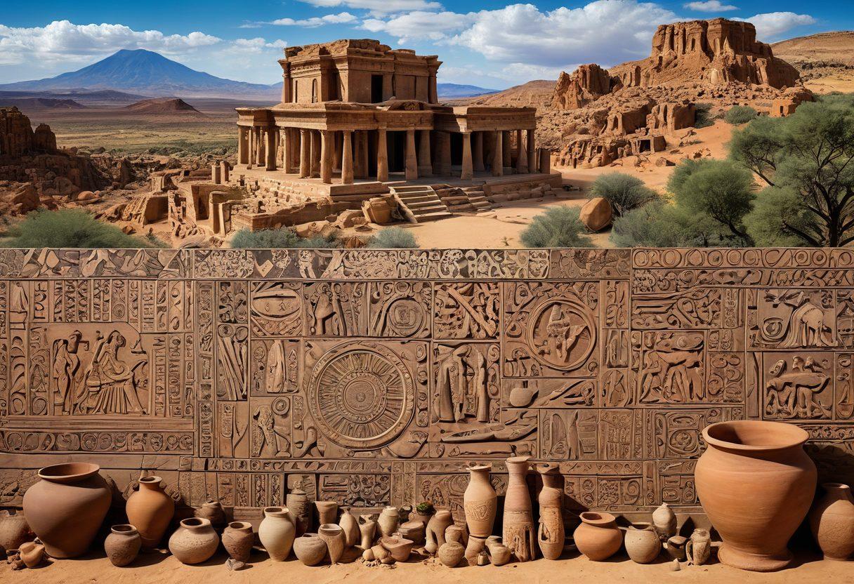 A captivating collage showcasing archaeological artifacts like ancient pottery, stone tools, and inscriptions, set against a backdrop of vibrant cultural landscapes. Include a diverse group of researchers examining these finds, highlighting their emotional connection to history. Add elements of traditional architecture and landscapes from different cultures. mystical and ethereal vibes. super-realistic. vibrant colors.