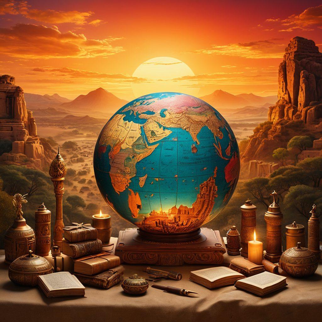 A mesmerizing collage featuring ancient artifacts, scrolls, and historic manuscripts merged with vibrant cultural symbols from various civilizations. The background showcases a time-lapse of a picturesque landscape transitioning through different historical eras, from the stone age to modern times. Soft, warm lighting casts shadows to enhance depth, while a glowing globe represents cultural heritage spread across the world. super-realistic. vibrant colors. 3D.