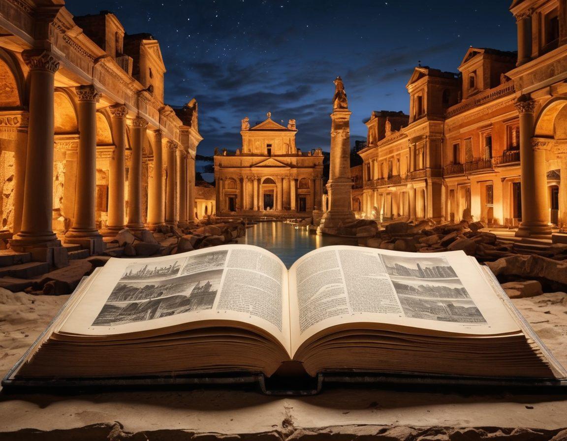 An open ancient book with illuminated pages, revealing historical artifacts and illustrations that float around it. The background features a blend of modern cityscape and ancient ruins, symbolizing the connection between past and present. Soft light beams illuminate the book, emphasizing the significance of history. Rich, warm colors to evoke a sense of nostalgia and discovery. super-realistic. vibrant colors. atmospheric.